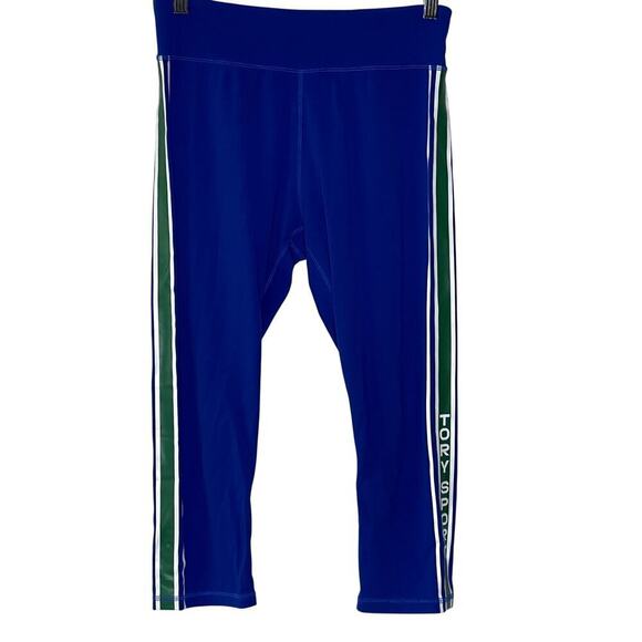 Tory Burch Sport High-Rise Blue Green Retro Stripe Cropped Leggings‎ Sz M - Picture 1 of 7